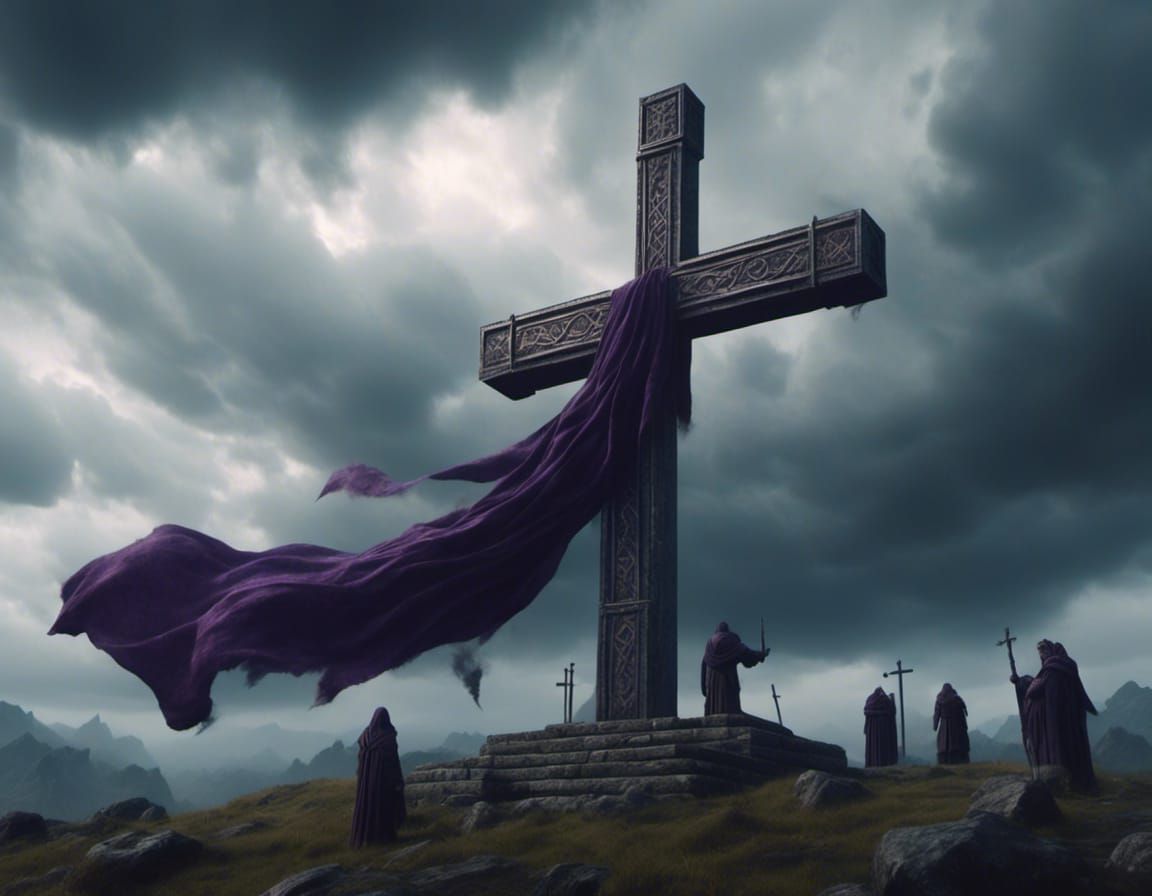 Gothic Cross with Purple Cloth on Cloudy Easter