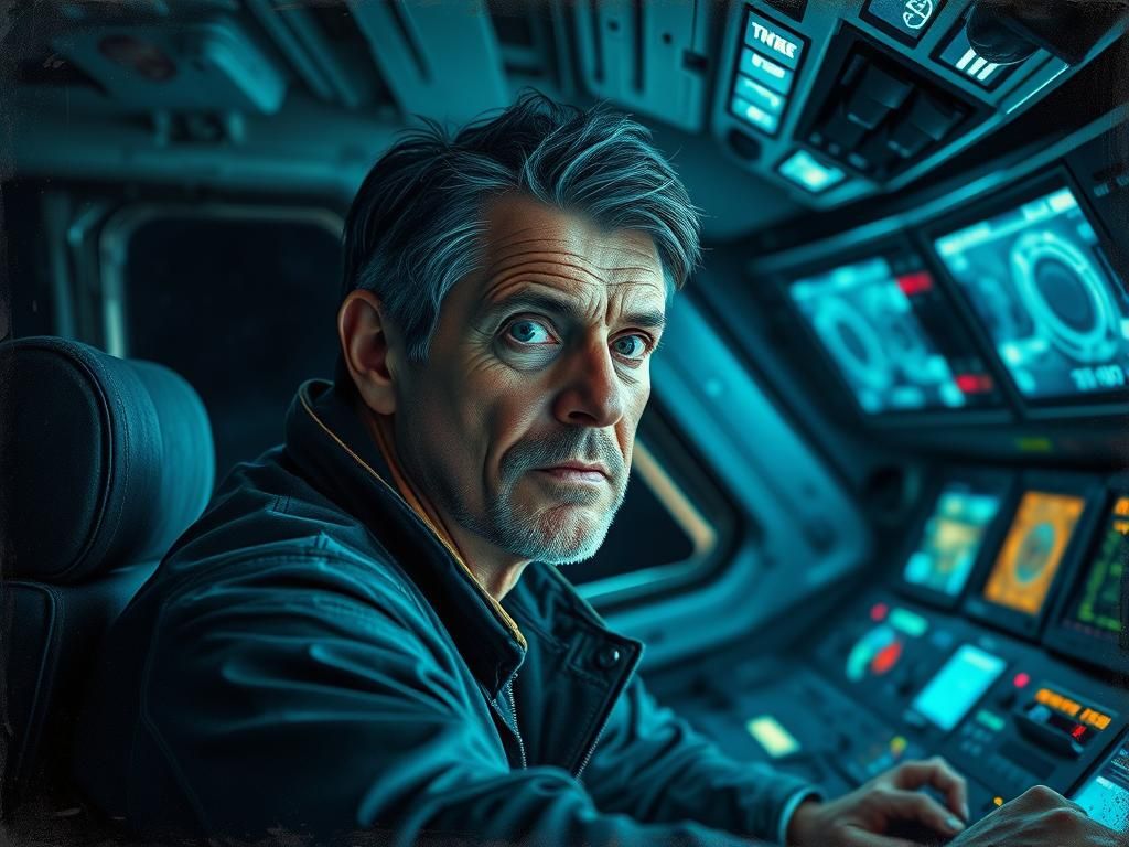 Rugged Spaceship Captain in Cockpit: Cinematic Still