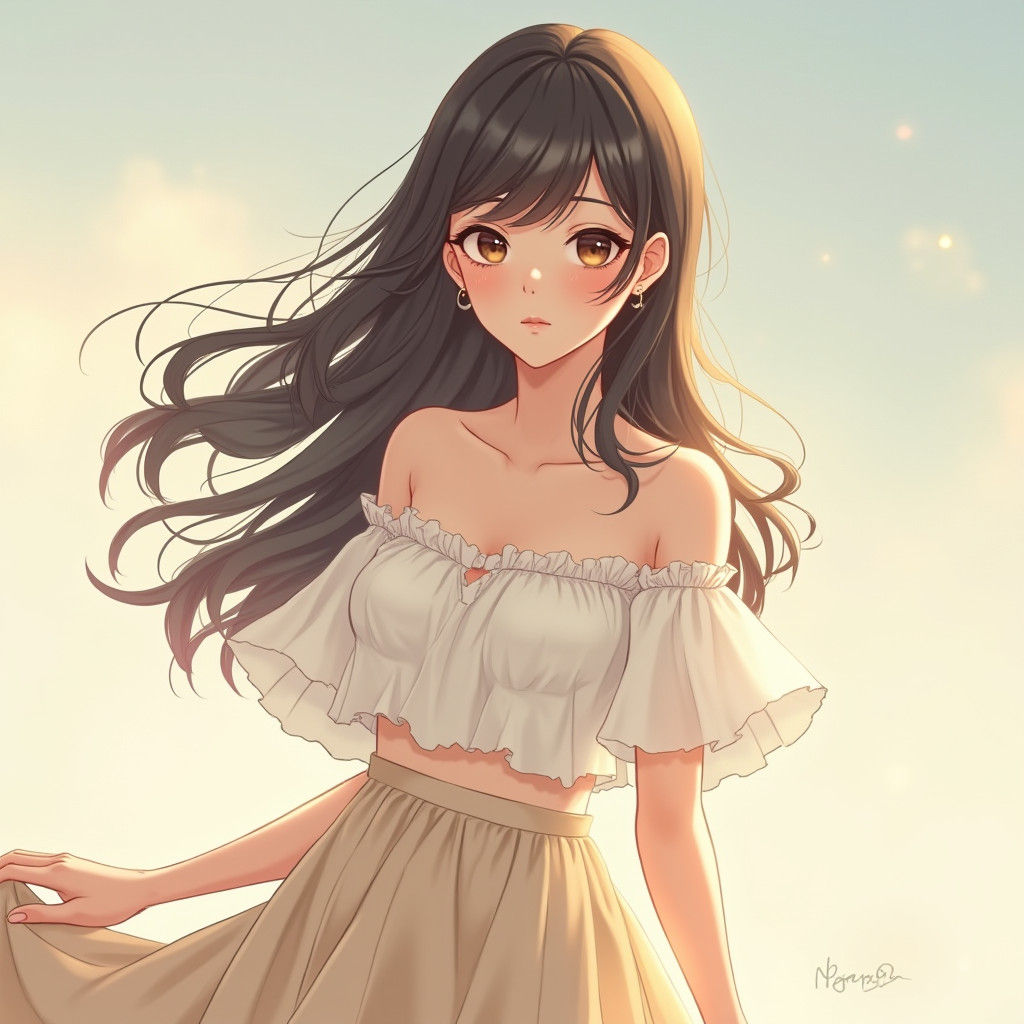 Anime Woman in Beige Skirt with Lace Trim