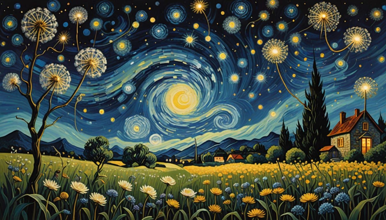 Surreal Dandelion Field Under Ethereal Night Sky