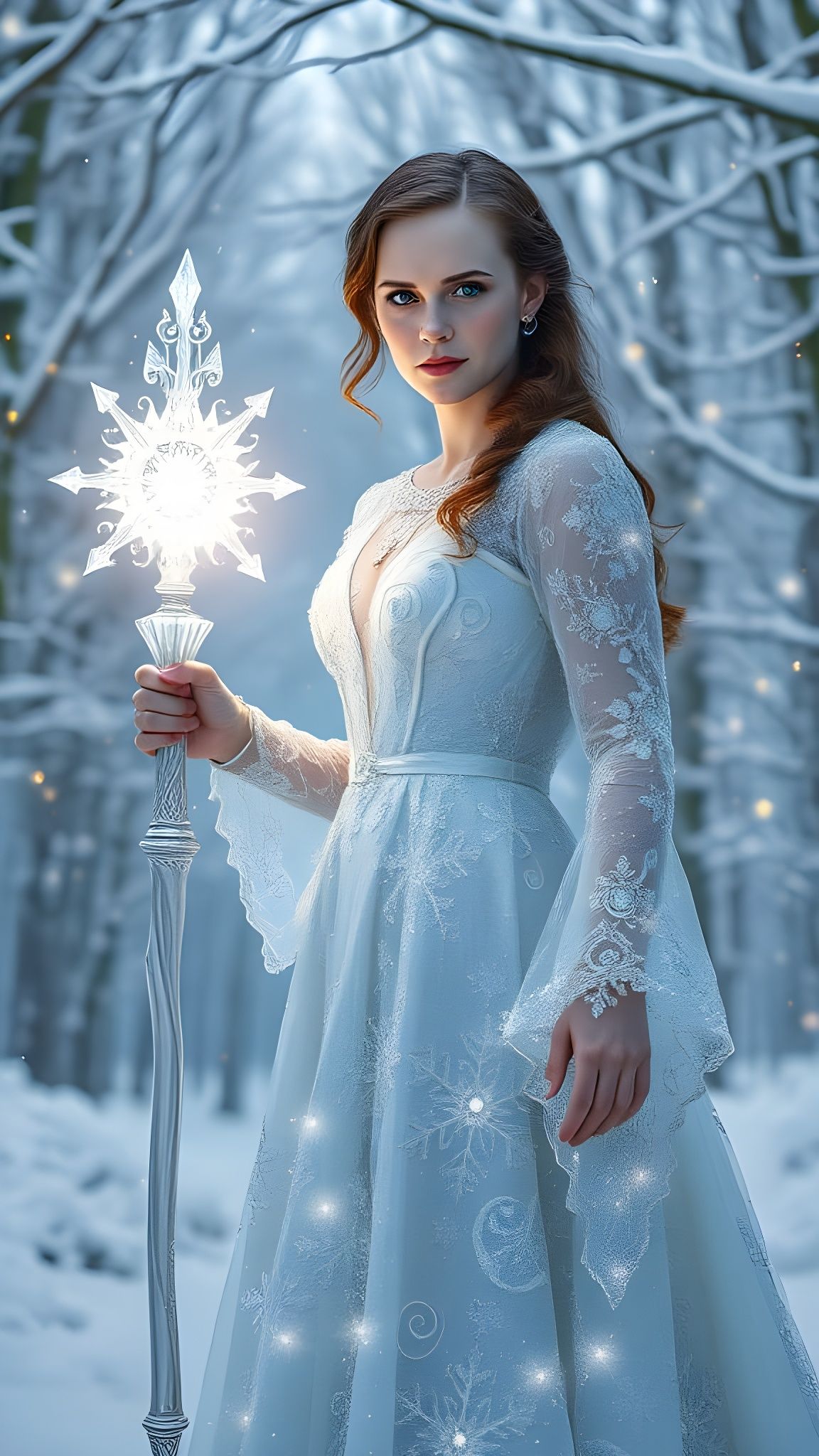 Enchanted Snow Sorceress in Shimmering Silver Gown