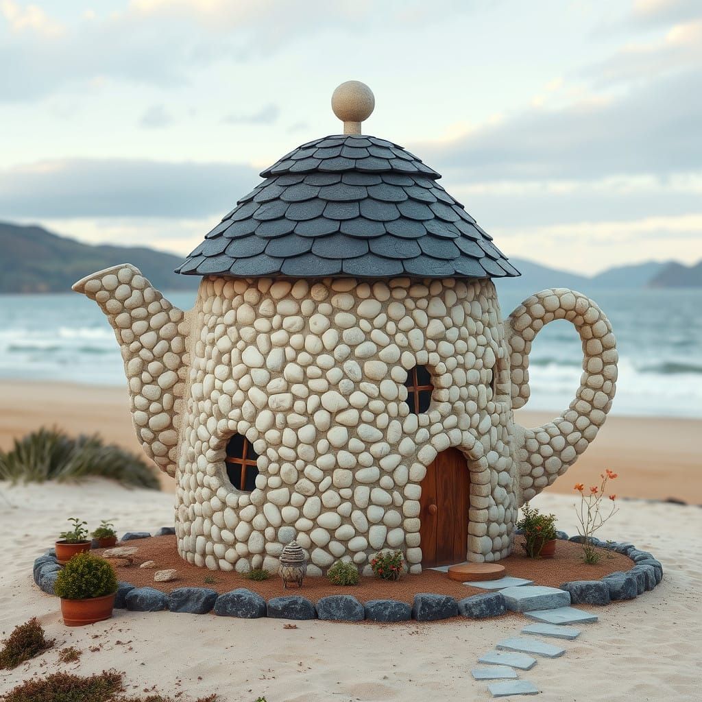 Whimsical Teapot House in Vibrant Mosaic Style