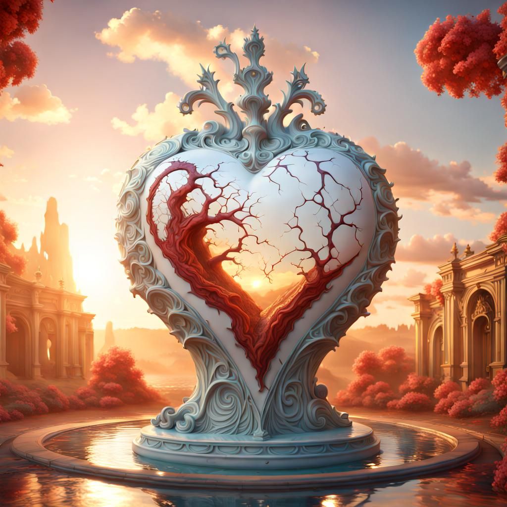 Melting Porcelain Heart Statue under Ornate Sun