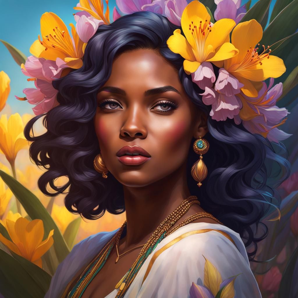 South African Girl Portrait with Freesia Flowers