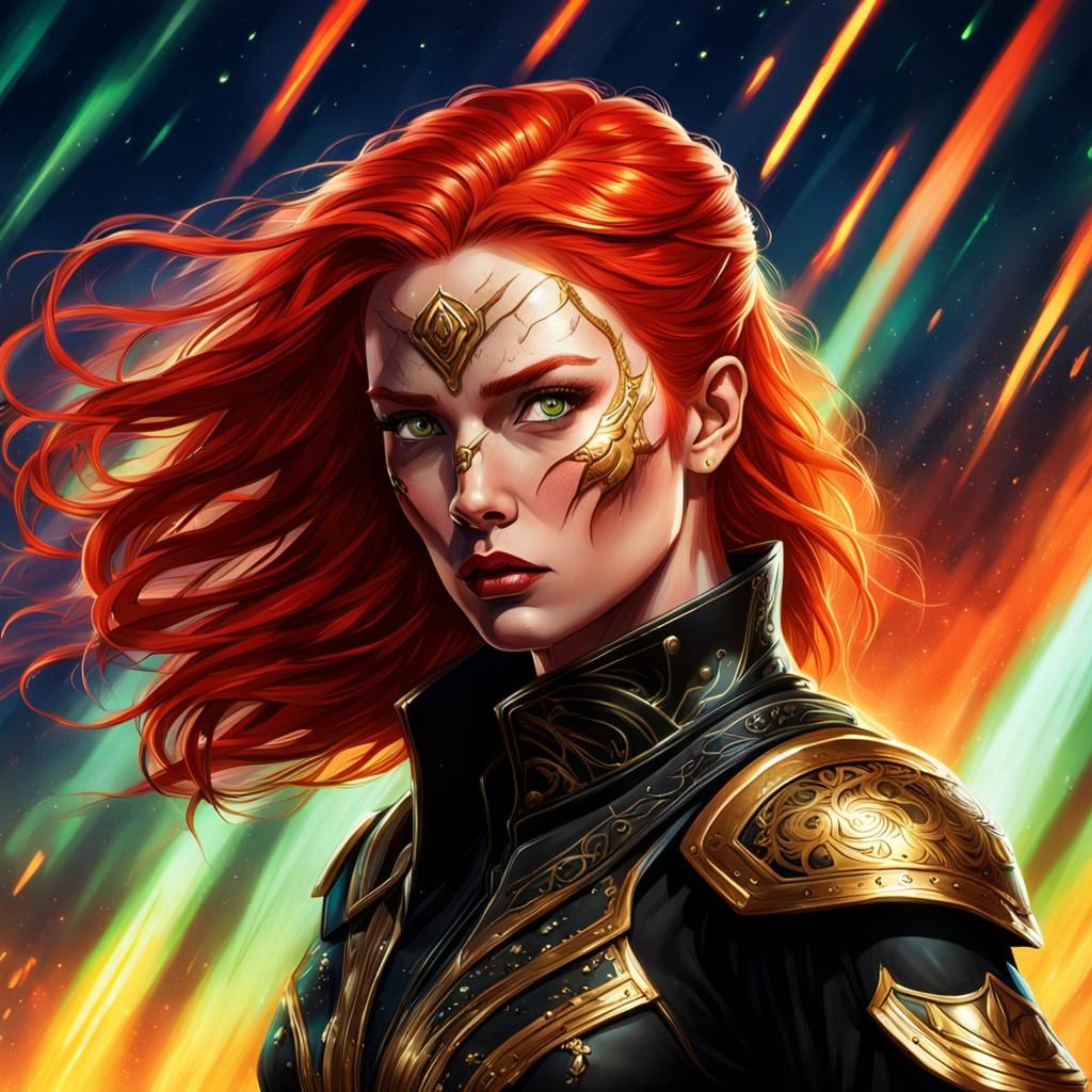 Warrior Woman Battles Under Aurora Borealis