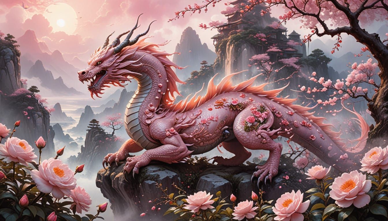Surreal Pink Dragon Soars Through Dreamlike Chinese Landscap...