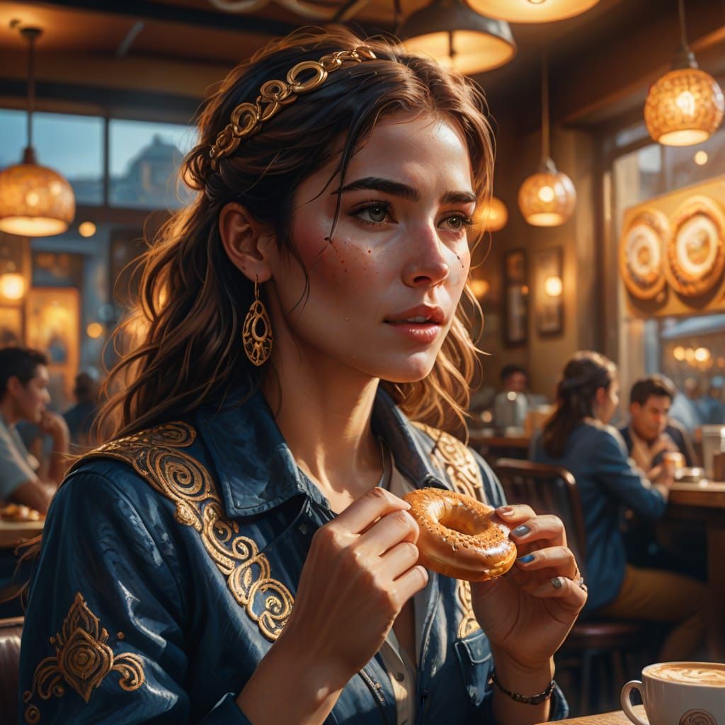 Woman Eating Bagel in Cafe: Fantasy Oil Painting