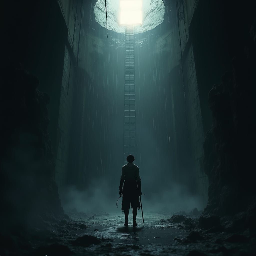 A Desolate Figure Stands in a Dark, Foreboding Pit