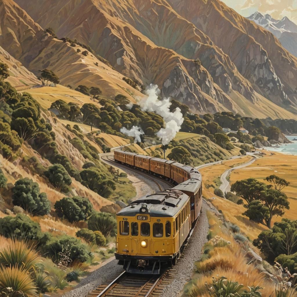 New Zealand Train Journey in Vintage Oil Painting Style