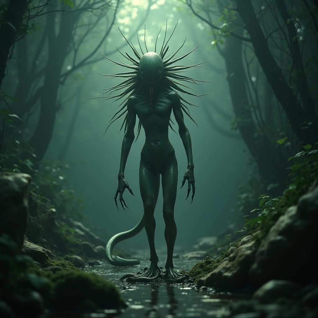 Bizarre Humanoid Creature in Bioluminescent Jungle