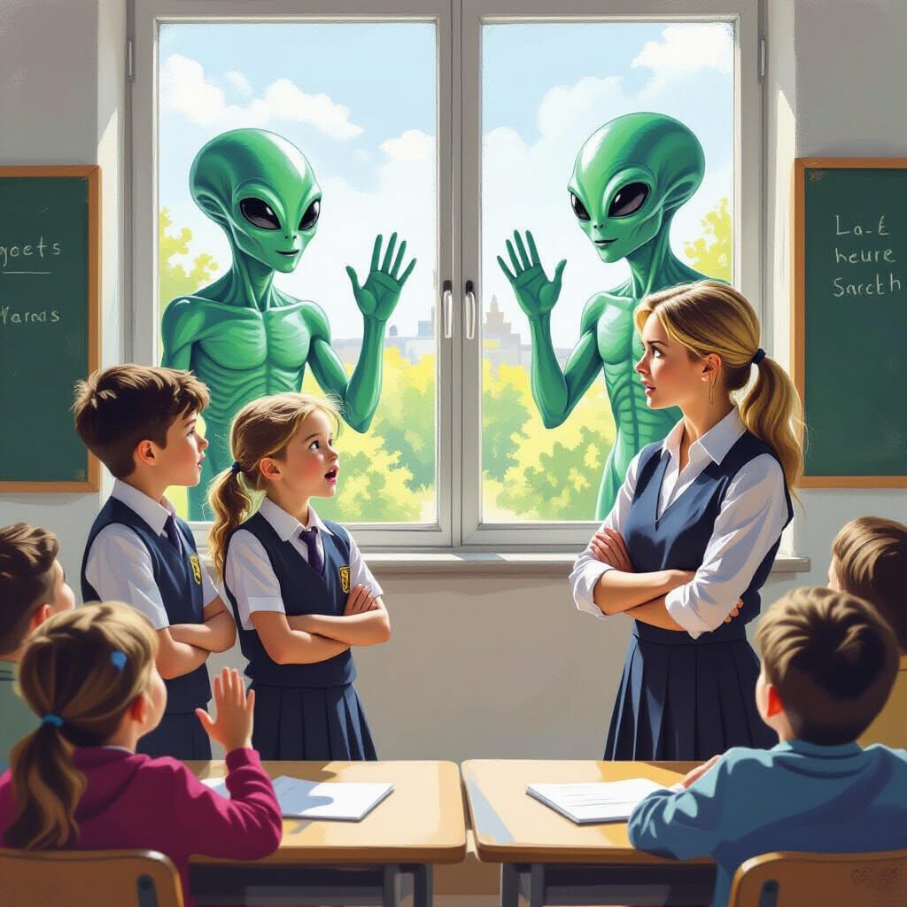 Children Explain Alien Encounter to Angry Teacher as Oil Pai...