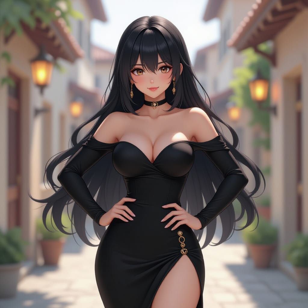 Anime Girl in Black Dress, Genshin Impact Style