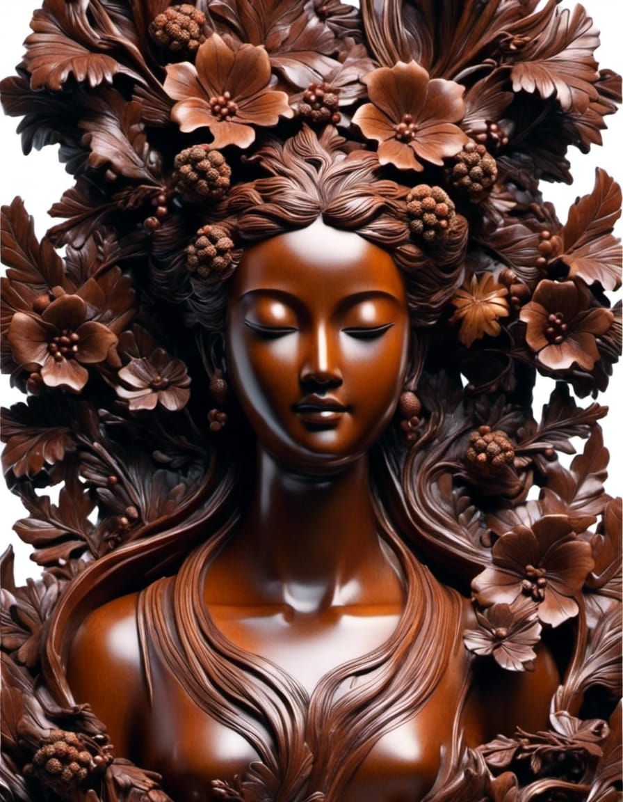 Mahogany Bust Carved with Foliage and Fireflies