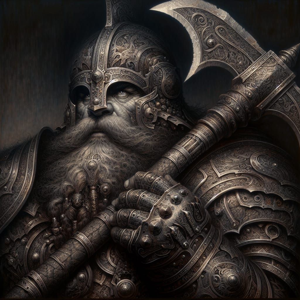Gothic Dwarf Warrior in Darkness with Battle-Axe