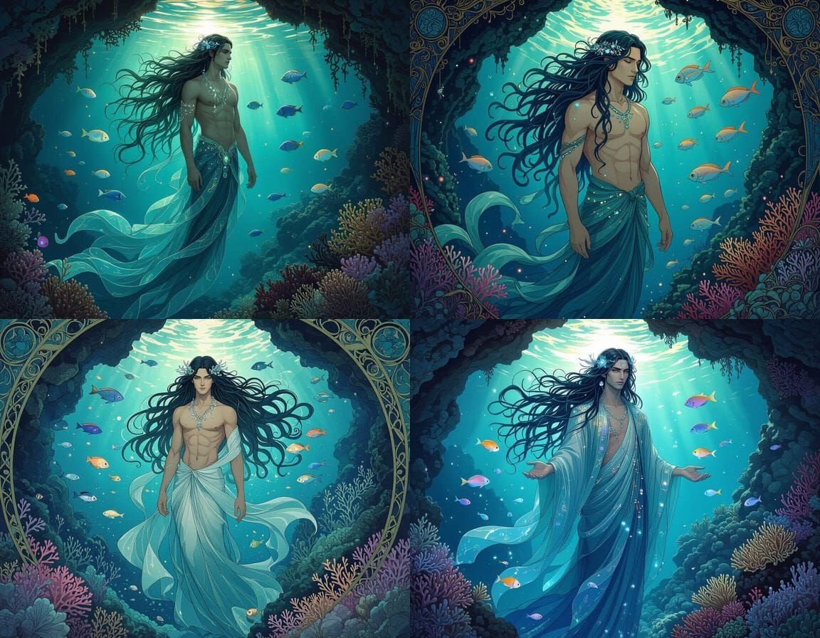 Male Spirit of the Deep in Art Nouveau Style