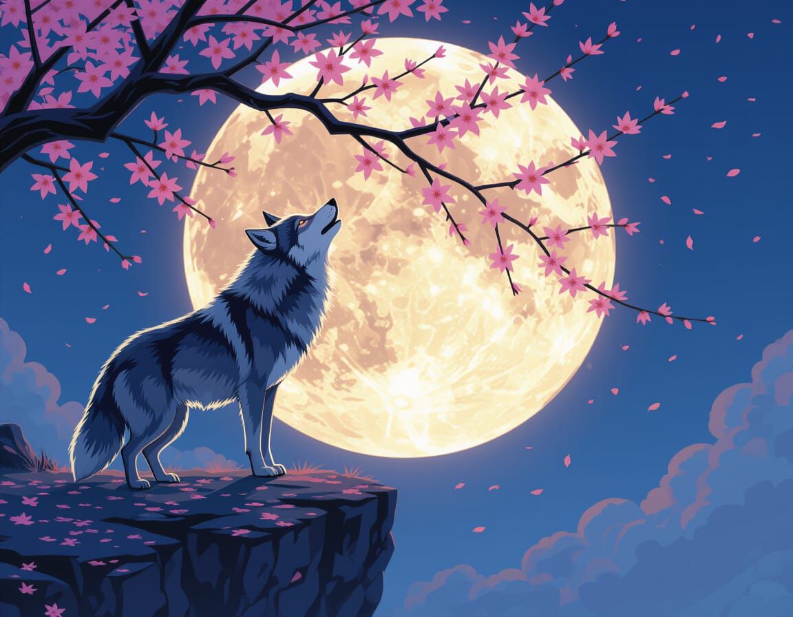 Wolf Howling at Moon with Cherry Blossoms