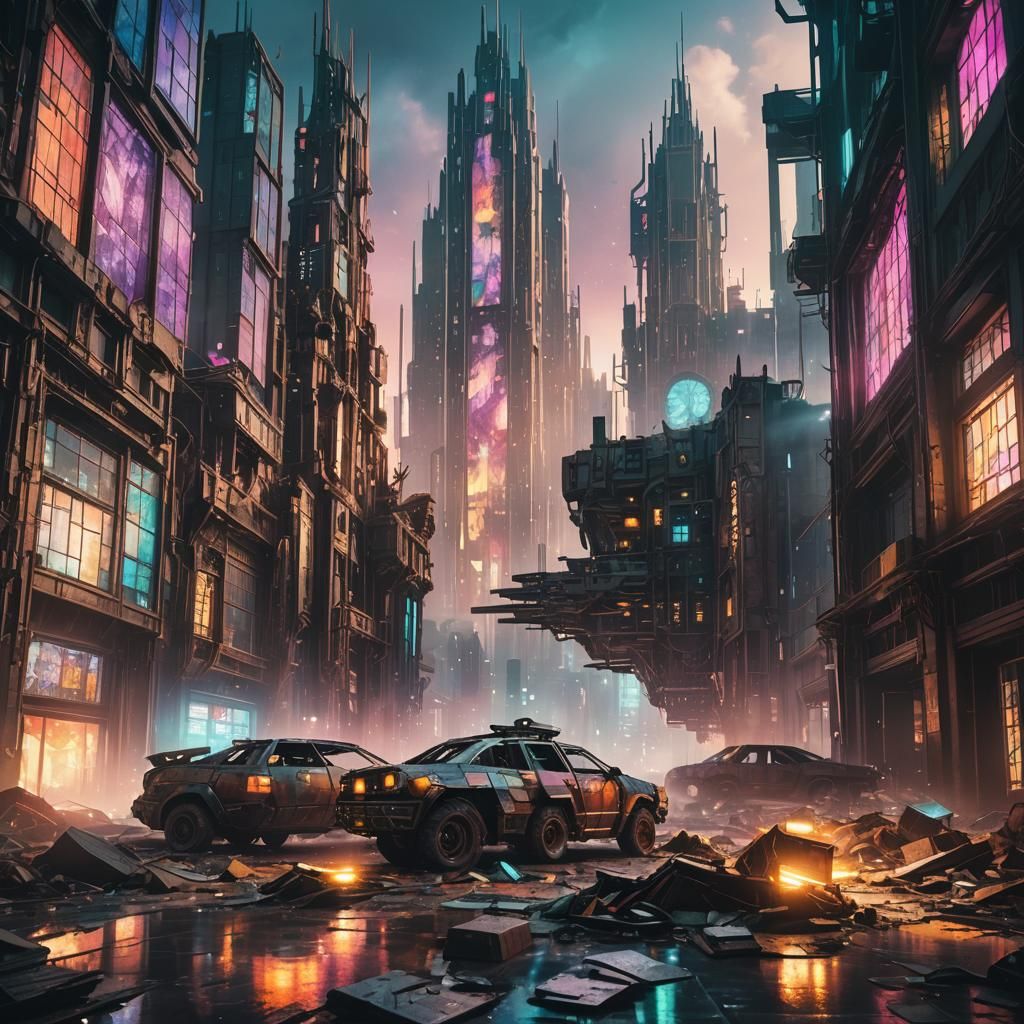 Cyberpunk Cityscape with Stained Glass Ruins