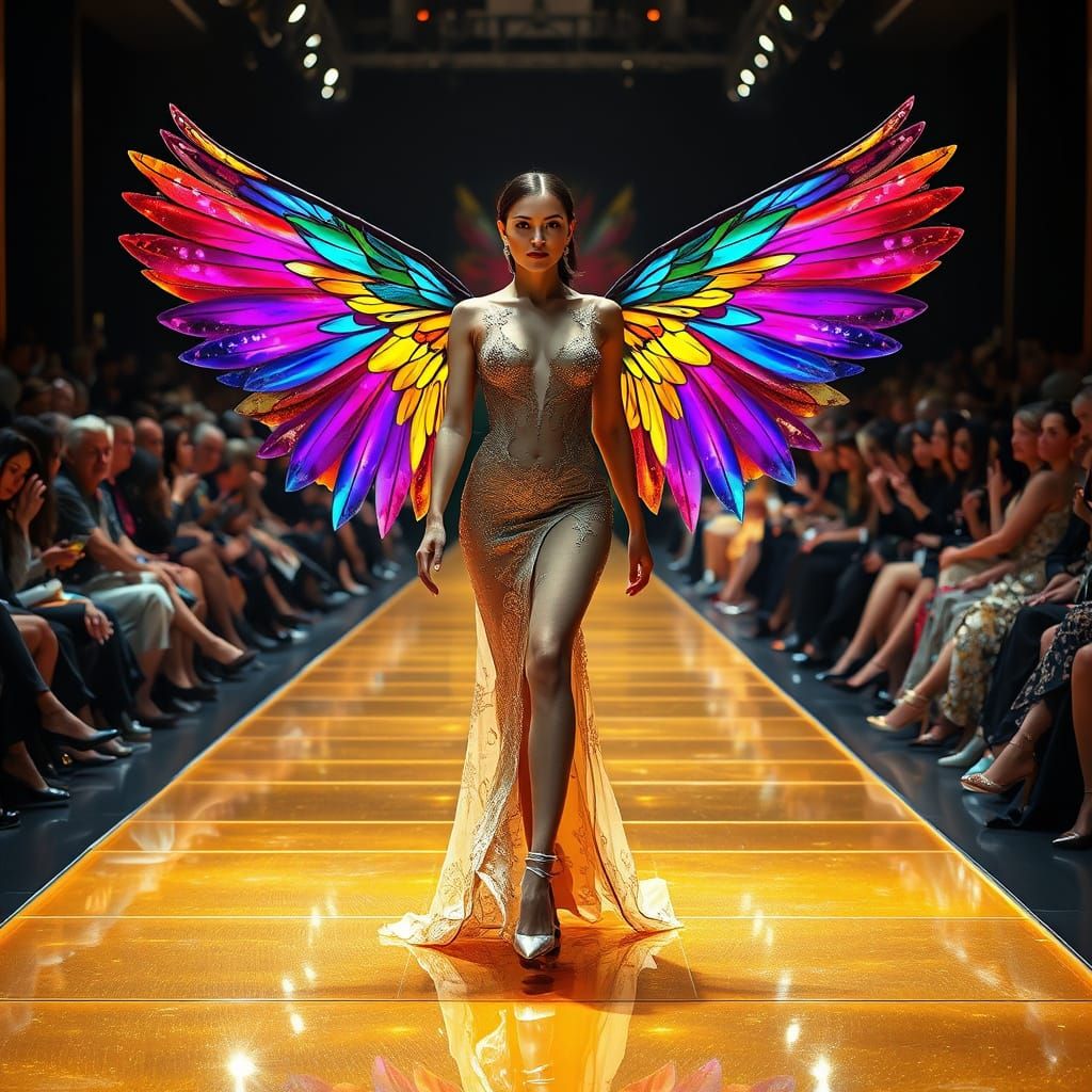 Glamorous Woman Model Struts Down Gold Catwalk with Colourfu...