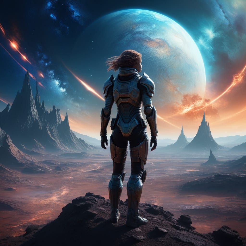 Lone Warrior on Alien World Under Nebula Sky