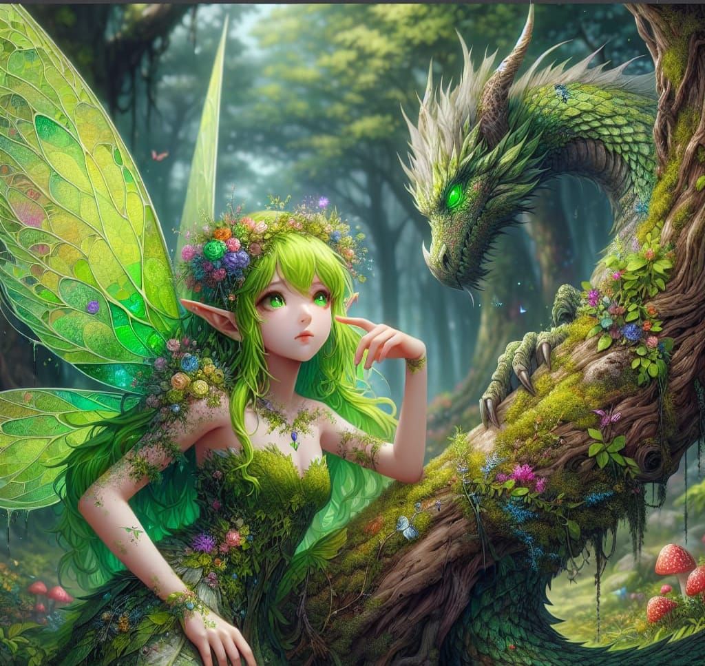Anime Fairy and Dragon in Enchanted Forest