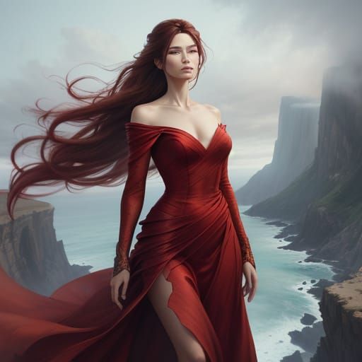 Fantasy Woman on Cliff Edge in Flowing Red Dress