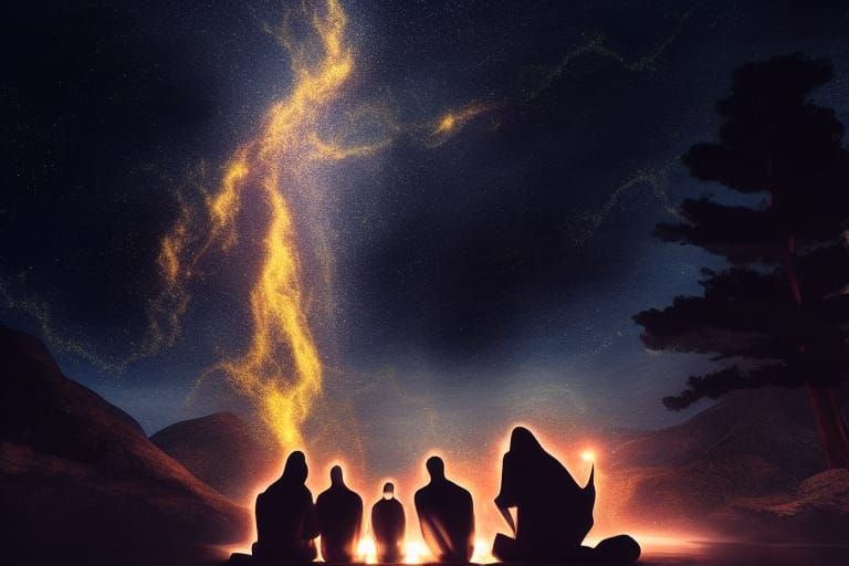 Night Landscape: Silhouettes by Lakeside Fire