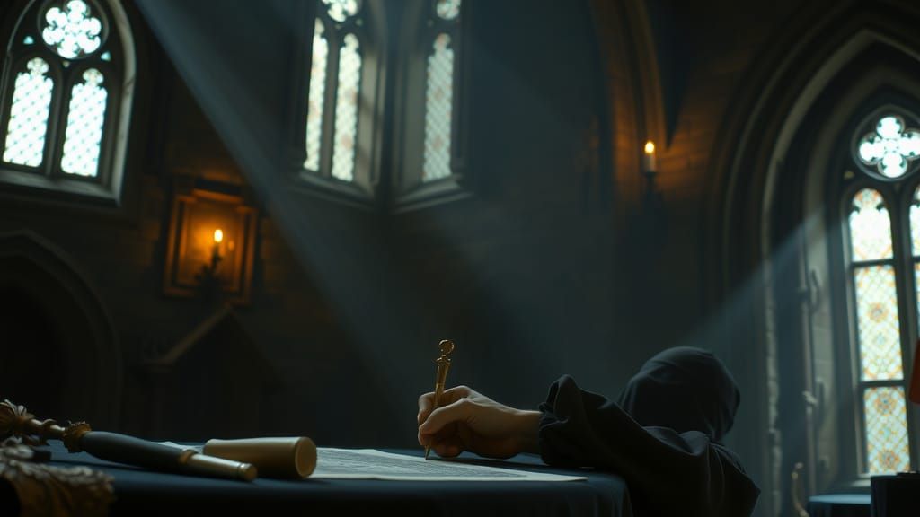 Medieval Monk Master Calligraphy in Gothic Castle
