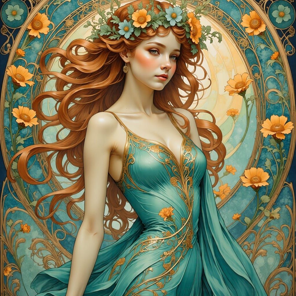 Art Nouveau Woman with Turquoise Attire