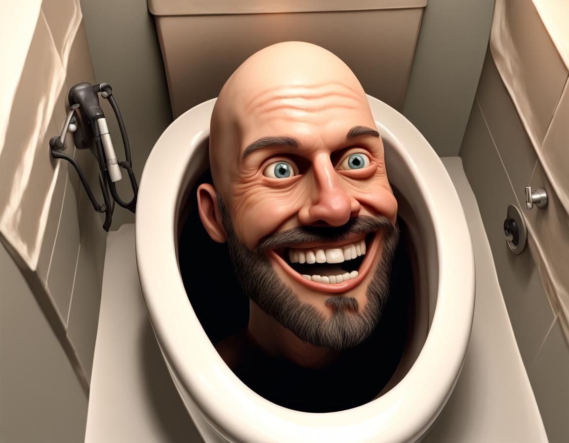 Man's Head in Toilet Bowl with Grin