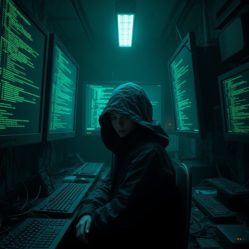 Girl in Dark Cyberpunk Hacker Lair, Surrounded by Glowing Sc...