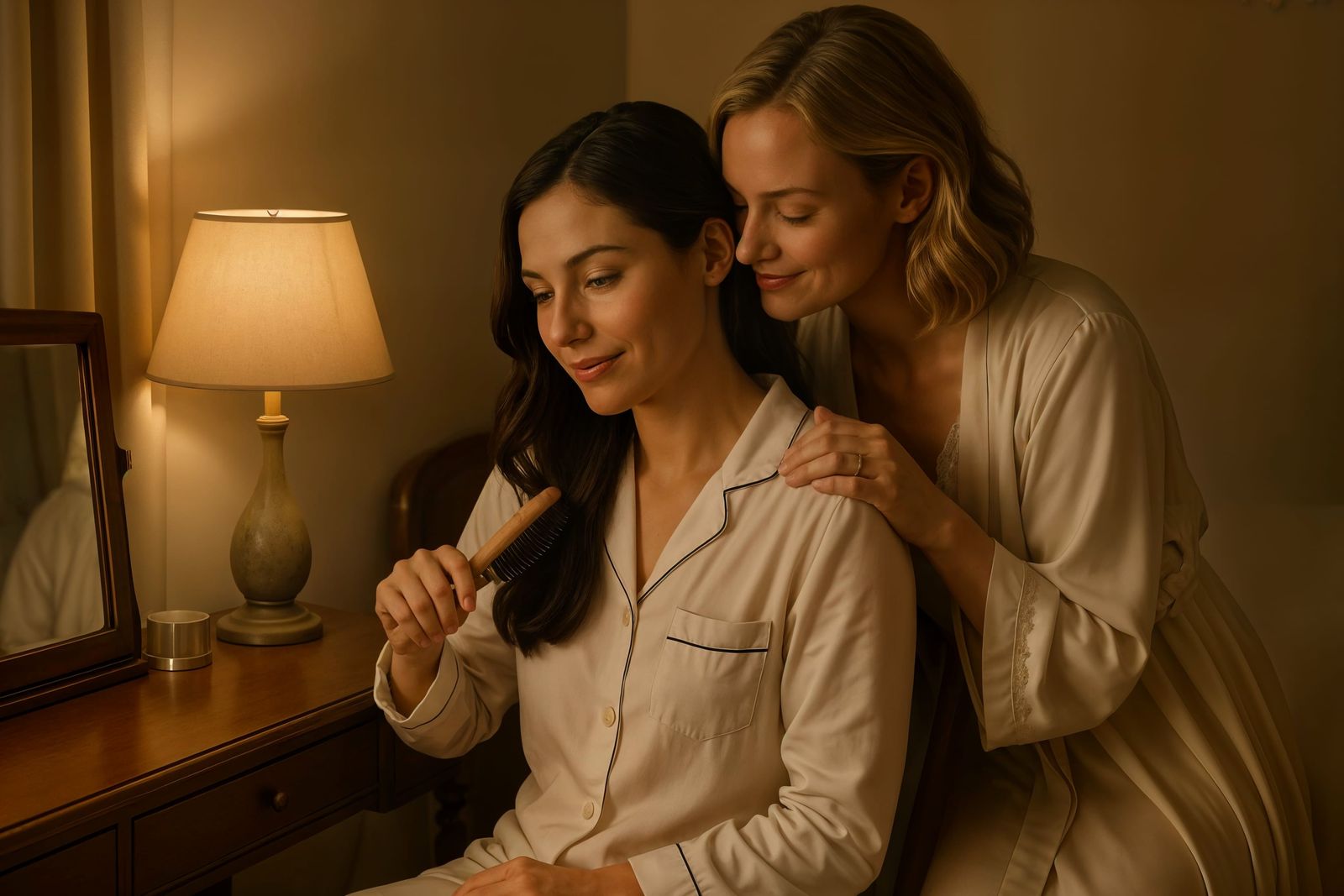 Tender Moment: Two Women in Softly Lit Bedroom