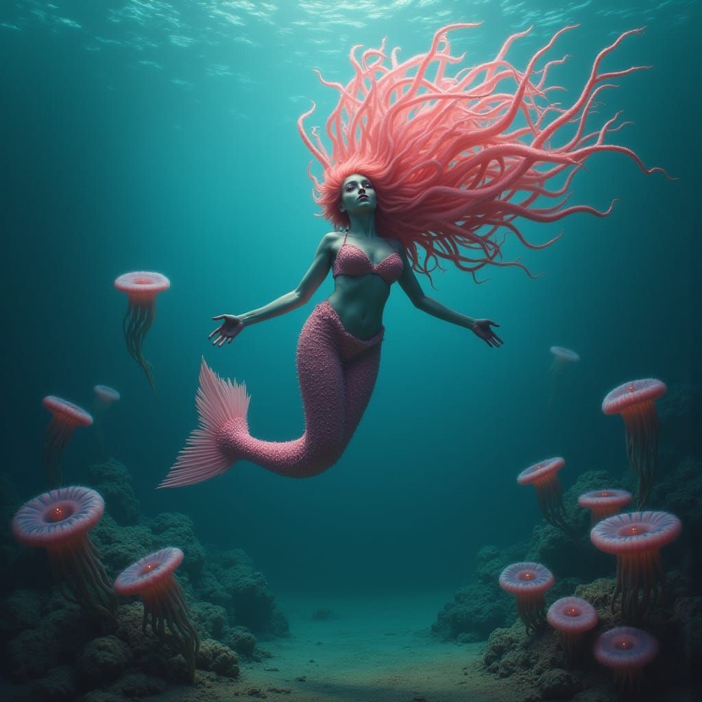 Pink Mermaid in Surreal Deep Sea Landscape