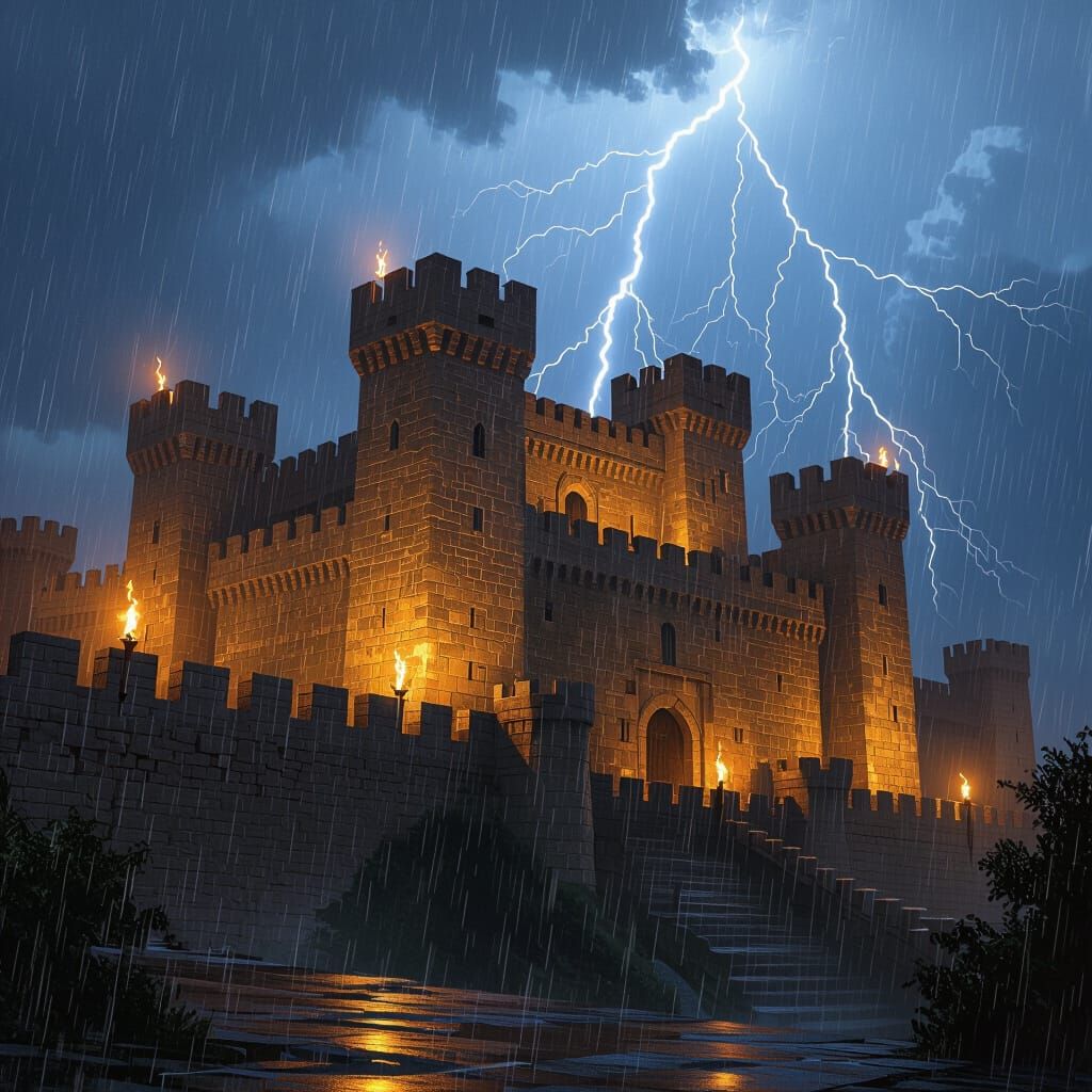 Dornish Castle in Stormy Night Rain, Cinematic Lighting