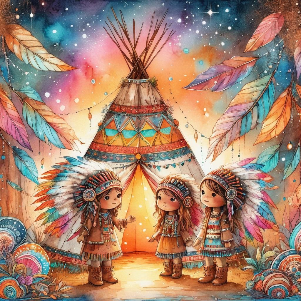 Illuminated Teepee with Indigenous Girls in Watercolor Style