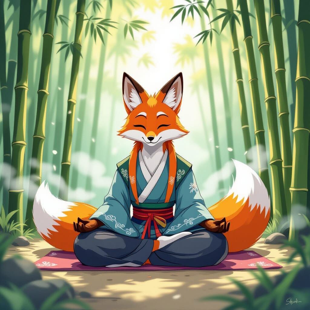 Meditating Nine-Tailed Fox in Ghibli Style