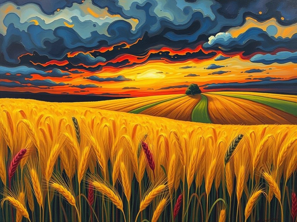 Ripe Wheat Field Under Dramatic Evening Sky