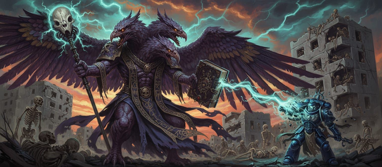 Daemon Lord of Change Wields Staff and Tome in Ruined City