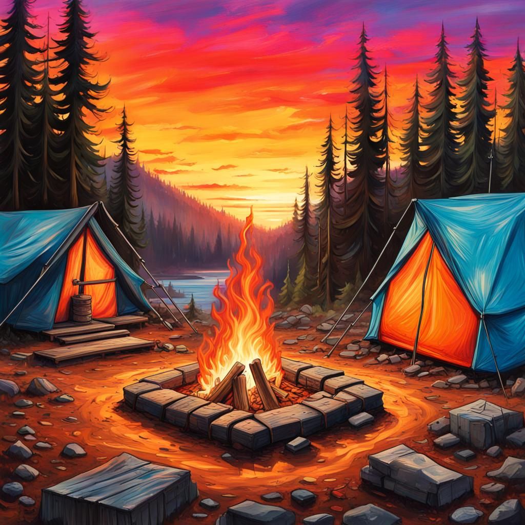 Pacific Northwest Campsite Sunset in Graffiti Art Style