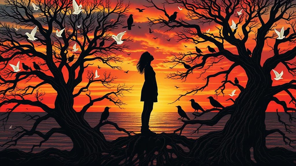 Serene Figure in Vibrant Sunset Landscape