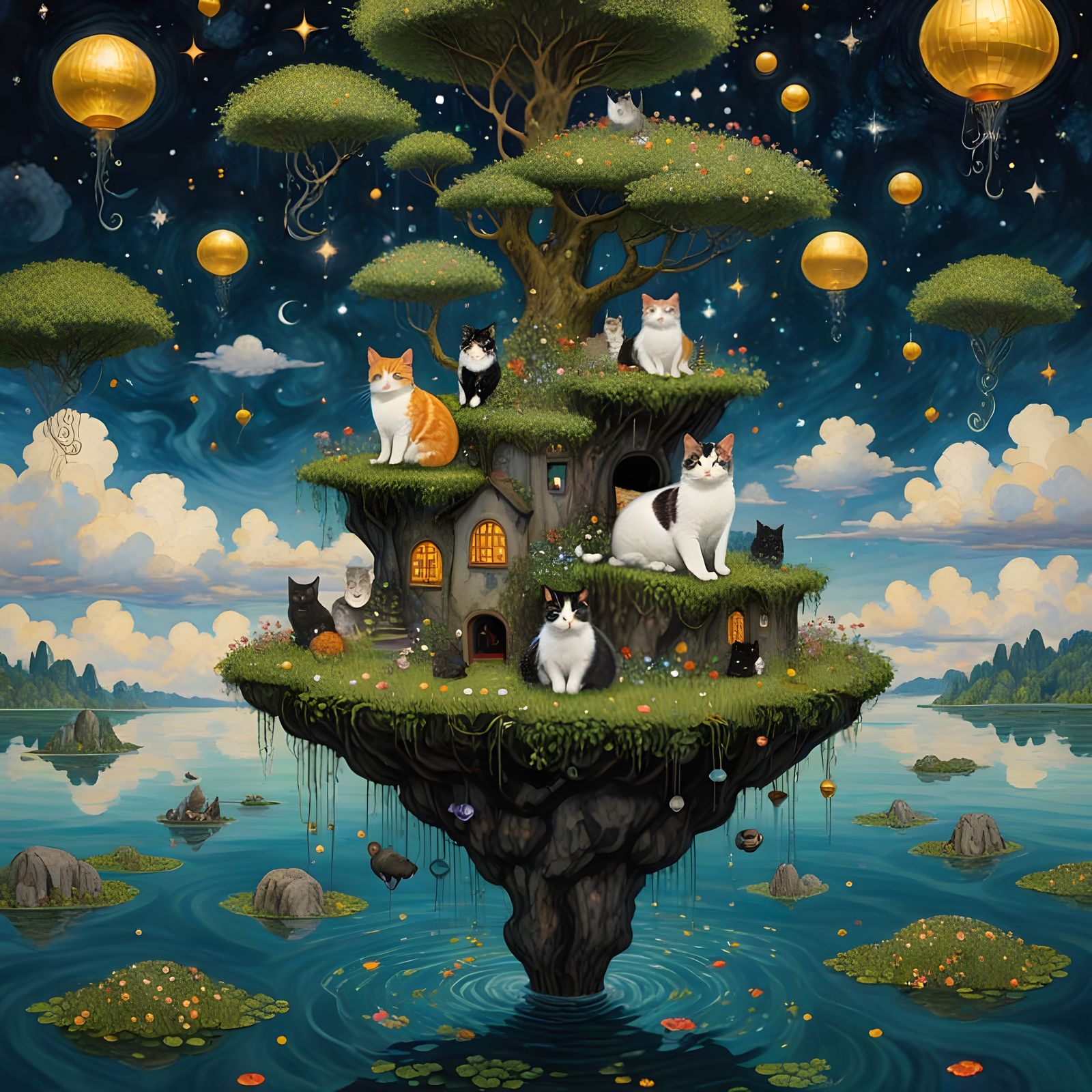 Magical Floating cat Island, Klimt,