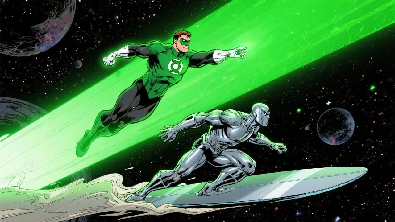 Green Lantern flying inside of a green beam of light, throug...