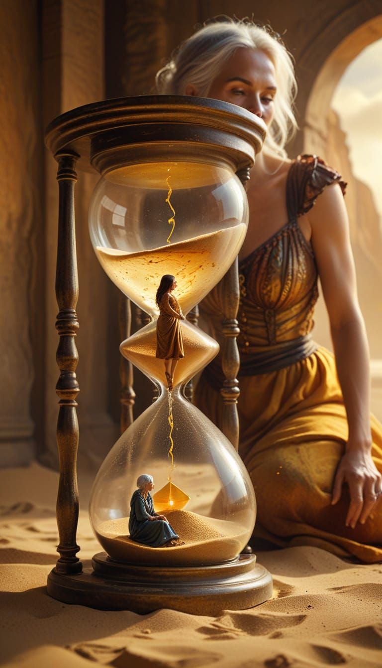 Surreal Golden Hourglass Scene with Young and Old Women
