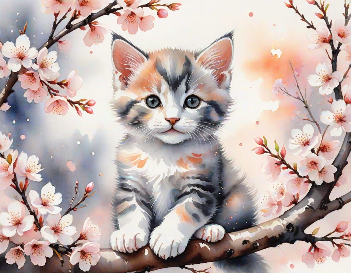 Whimsical Watercolor Kitten Amidst Cherry Blossoms