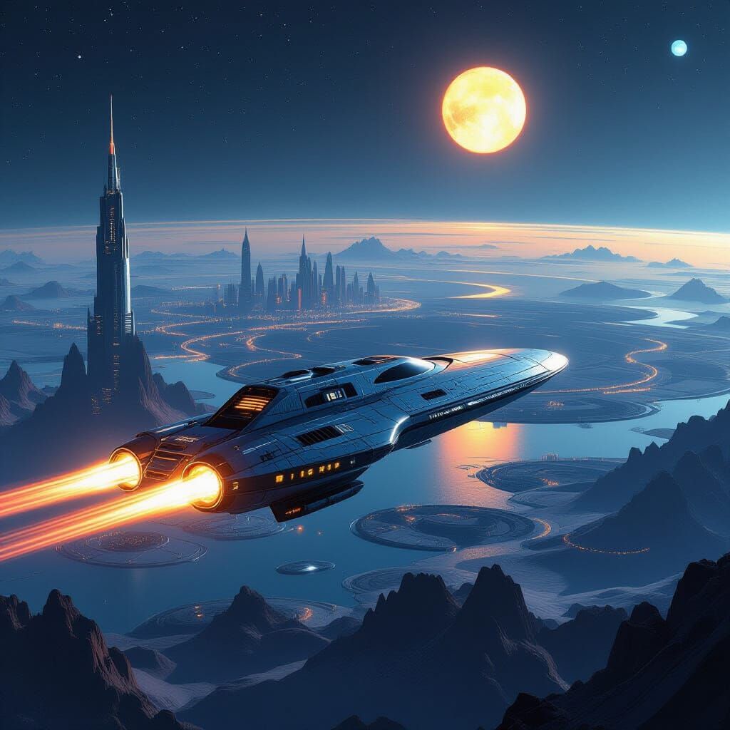 Starship Cruises Ringworld in Dystopian Future