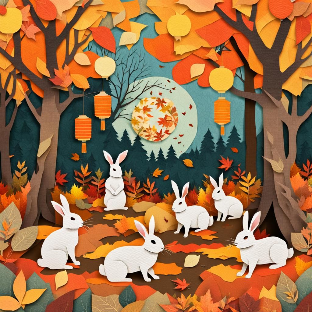 Autumn Garden Rabbits in Textured Paper Collage