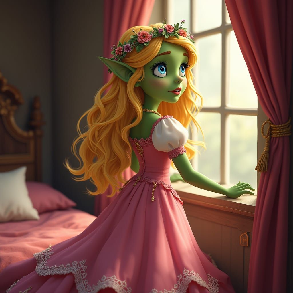 Disney-Inspired Orc Princess with Blonde Hair and Pink Medie...
