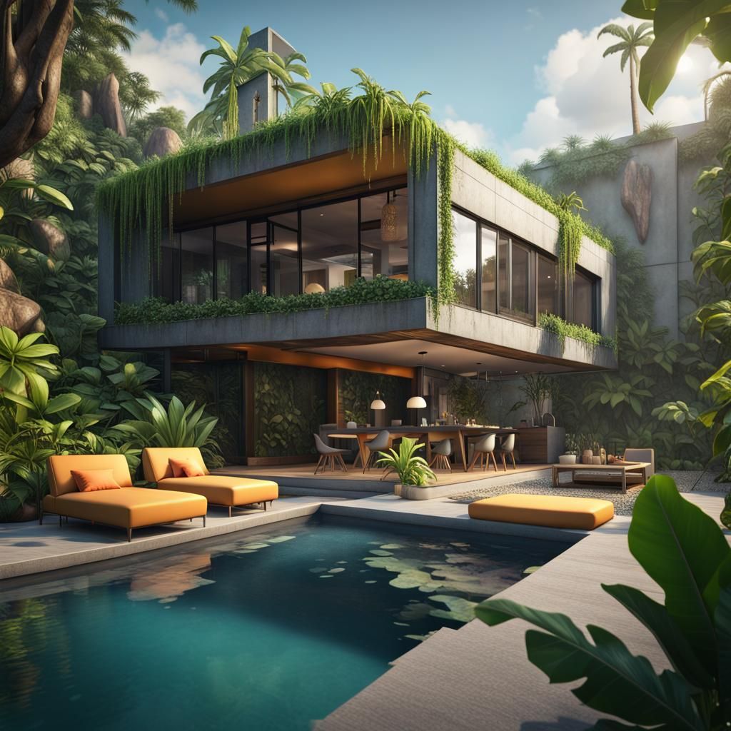Modern Solarpunk House with Tropical Garden