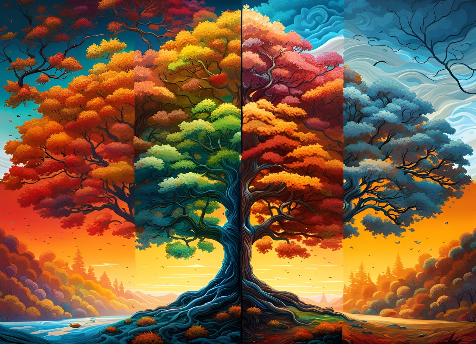 Four Seasons Tree: A Colorful Ink Flow Art