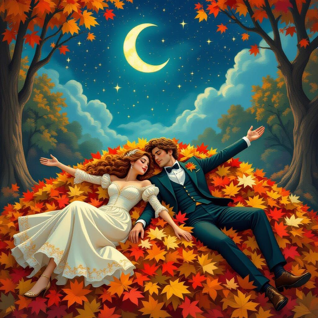 Fairytale Couple Relaxing in Autumn Leaves
