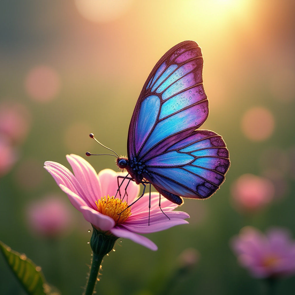 Iridescent Butterfly on Flower, Detailed Matte Painting
